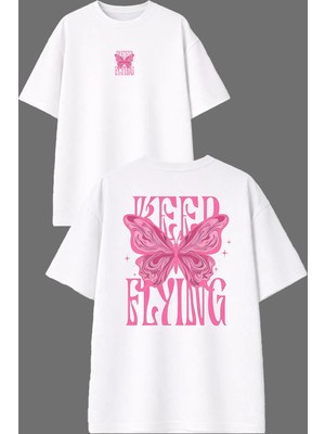 Vsrn Keep Flyıng Tasarım Ön Arka Baskılı Beyaz Oversize T Shirt