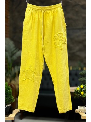 Sahnemoda Çiçek Yıldız Baskı Işleme Keten Pantolon