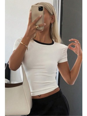 Tarz Cool Kadın Dar/slim Bisiklet Yaka Kontrast Ribanalı Likralı Pamuk Basic Tişört