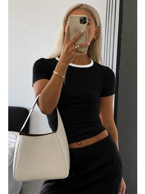 Tarz Cool Kadın Dar/slim Bisiklet Yaka Kontrast Ribanalı Likralı Pamuk Basic Tişört