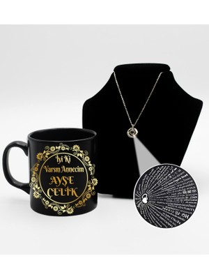 As Gift Anneler Gününe Özel Gol-Gümüş Baskılı Siyah Kupa Bardak & Gold Kaplama 100 Dilde Seni Seviyorum Kolye Hediye Seti (Model 2)