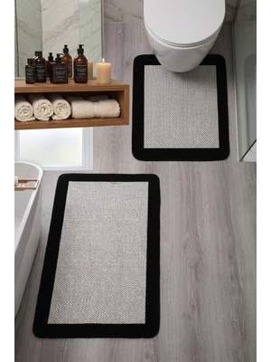 My Evilla Sisal Vektör Kaymaz Tabanlı Kolay Silinebilir 2li Siyah Beyaz Banyo Paspas Seti 60X100-50X60