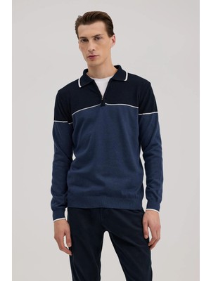 Jakamen Mavi Slim Fit Fermuarlı Polo Yaka Triko