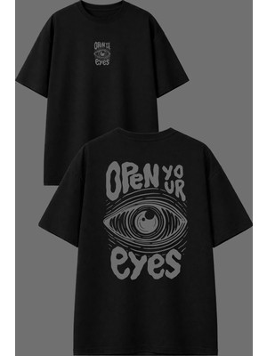 Vsrn Open Eyes Tasarım Ön Arka Baskılı Siyah Oversize T Shirt