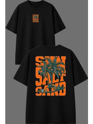 Vsrn Sun Salt Tasarım Ön Arka Baskılı Siyah Oversize T Shirt