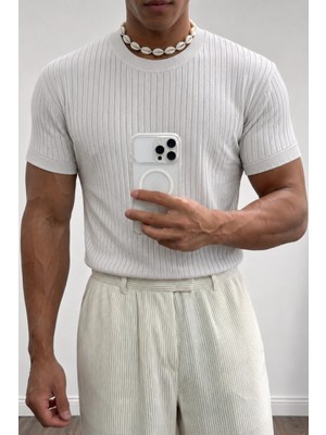 Tarz Cool Erkek Slim Fit Fitilli Triko Tişört Bisiklet Yaka Premium Pamuk Basic Yazlık T-Shirt