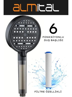 ALMITAL 6 Fonksiyonlu Filtreli Siyah Duş Başlığı Su Tasarruflu Basınçlı Kireç Klor Önleyici