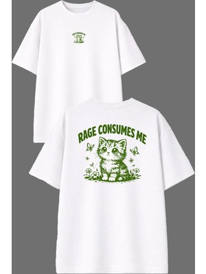 Vsrn Rage Consumes Me Tasarım Ön Arka Baskılı Beyaz Oversize T Shirt