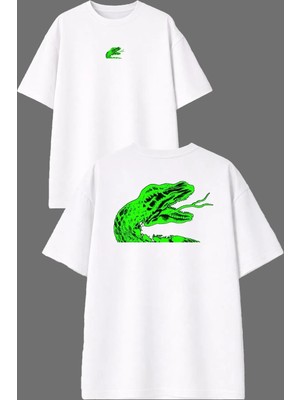Vsrn Zehirli Yeşil Yılan Tasarım Ön Arka Baskılı Beyaz Oversize T Shirt