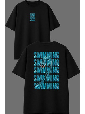 Vsrn Swımmıng Swımmıng Tasarım Ön Arka Baskılı Siyah Oversize T Shirt