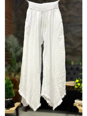 Sahnemoda Paça Tüy Nakışlı Bol Paça Keten Pantolon