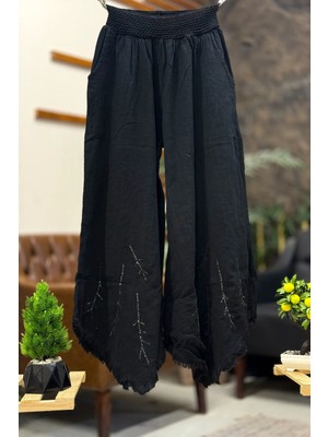 Sahnemoda Paça Tüy Nakışlı Bol Paça Keten Pantolon