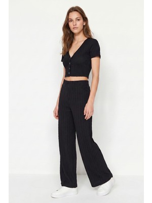 Rays Siyah V Yaka Düğmeli Crop Hırka Pantolon Takım 1025