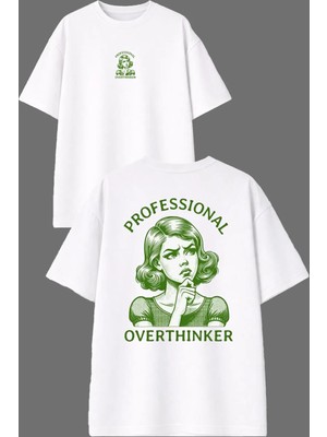 Vsrn Profesyonel Overthink Tasarım Ön Arka Baskılı Beyaz Oversize T Shirt