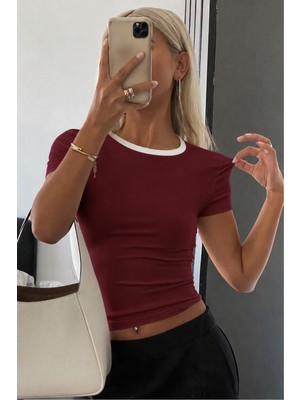 Tarz Cool Kadın Dar/slim Bisiklet Yaka Kontrast Ribanalı Likralı Pamuk Basic Tişört