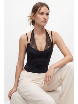 Rays Siyah Ince Askılı Dantel Detaylı Çıtçıtlı Bodysuit 3235