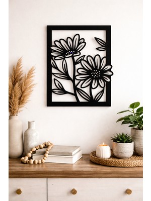 Bel&Co Home Modern Çiçek Desenli Siyah Mdf Duvar Dekoru 30X23 cm – 3mm Lazer Kesim Floral Tablo | Çift Taraflı Bantlı Kolay Montaj