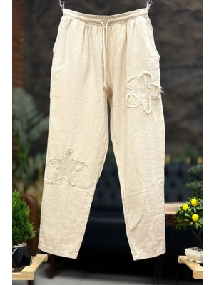 Sahnemoda Çiçek Yıldız Baskı Işleme Keten Pantolon