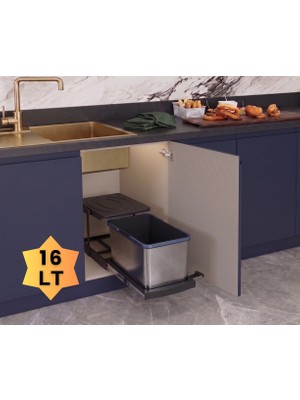 ALMITAL Cassone 16 Litre Kısa (Eviye altı dolaba uygun) Dolap içi Raylı Antrasit Paslanmaz Krom Çöp Kovası - Kapak Genişliği 40 cm