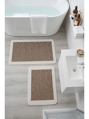 My Evilla Sisal Vektör Kaymaz Tabanlı Kolay Silinebilir 2li Kahve Banyo Paspas Seti 60X100-50X60