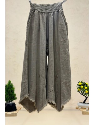 Sahnemoda Paça Tüy Nakışlı Bol Paça Keten Pantolon