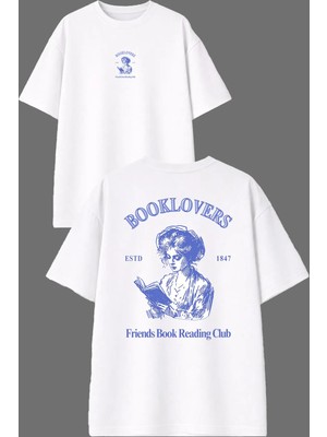 Vsrn Booklovers Tasarım Ön Arka Baskılı Beyaz Oversize T Shirt