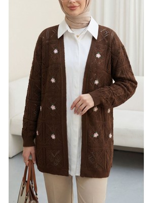 Moda Morfo Ajurlu Nakışlı Hırka     -Açık Kahve