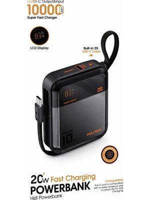 Yakalabazar Fulltech FP41 Prime 10000 Mah 20W Dahili Type-C Kablolu LCD Ekranlı Mini Hızlı Şarj Powerbank Taşınabilir