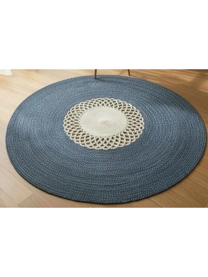 Vivense Mandala Yuvarlak Model Halı, Mavi Beyaz, 120 cm