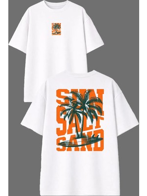 Vsrn Sun Salt Tasarım Ön Arka Baskılı Beyaz Oversize T Shirt