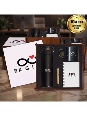 BK Gift Logonuza Özel 10 Adet Ahşap Kutulu Siyah Kurumsal Hediye Seti – Cam Suluk, Seramik Fincan, Defter ve Kalemli Promosyon Seti