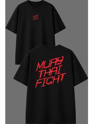 Vsrn Fıght Muay Thai Tasarım Ön Arka Baskılı Siyah Oversize T Shirt