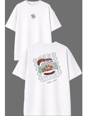 Vsrn Altın Dudak Tasarım Ön Arka Baskılı Beyaz Oversize T Shirt