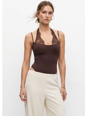 Rays Kahve Ince Askılı Dantel Detaylı Çıtçıtlı Bodysuit 3235