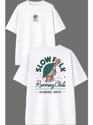 Vsrn Slow Run Tasarım Ön Arka Baskılı Beyaz Oversize T Shirt