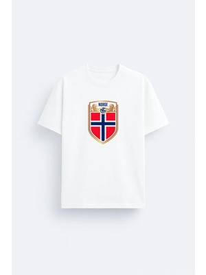 Shain Norveç Futbol Takımı Baskılı Pamuklu Kumaş Beyaz Tişört T-Shirt