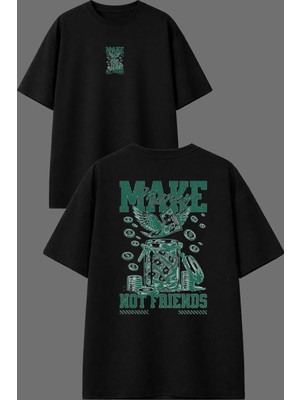Vsrn Not Friends Tasarım Ön Arka Baskılı Siyah Oversize T Shirt
