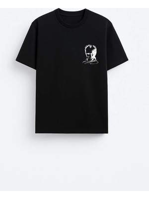 Shain Mustafa Kemal Atatürk Göğüs Baskılı Pamuklu Kumaş Siyah Tişört T-Shirt