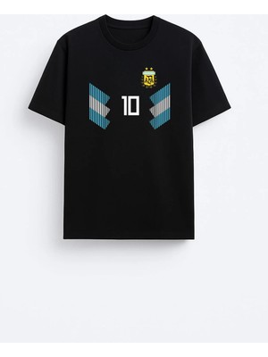 Shain Arjantin Bayrak 10 Numara Baskılı Pamuklu Kumaş Siyah Tişört T-Shirt