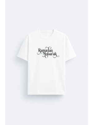 Shain Hayırlı Ramazanlar Ramadan Mubarak Baskılı Beyaz Bisiklet Yaka Tişört T-Shirt