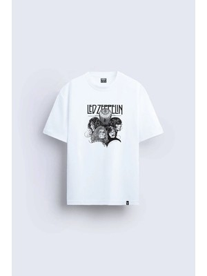 Shain LED Zeppelin Baskılı Bisiklet Yaka Beyaz Tişört T-Shirt