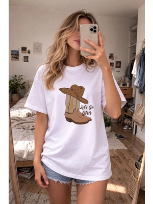 Shain Kovboy Çizme Baskılı Bisiklet Yaka Beyaz Tişört T-Shirt