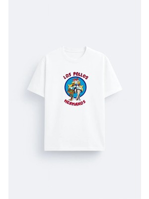 Shain Los Pollos Hermanos Baskılı Beyaz Bisiklet Yaka Tişört T-Shirt