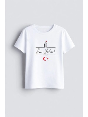 Shain 18 Mart Çanakkale Zaferi Bayramı Baskılı Çocuk Bisiklet Yaka Beyaz Tişört T-Shirt