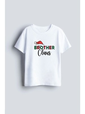 Shain Brother Erkek Kardeş Yılbaşı Noel Baba Yeni Yıl Baskılı Beyaz Bisiklet Yaka Tişört