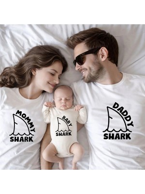 Shain Shark Mommy Daddy Baby Baskılı Baba Bebek Aile Beyaz Tişört Ekru Zıbın Kombin