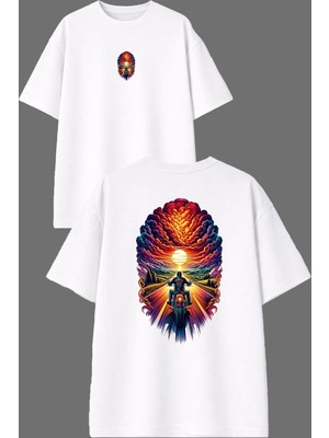 Vsrn Motorcu Gang Tasarım Ön Arka Baskılı Beyaz Oversize T Shirt