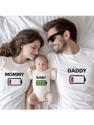 Shain Şarj Bataryası Baskılı Baba Bebek Aile Beyaz Tişört Ekru Zıbın Kombin