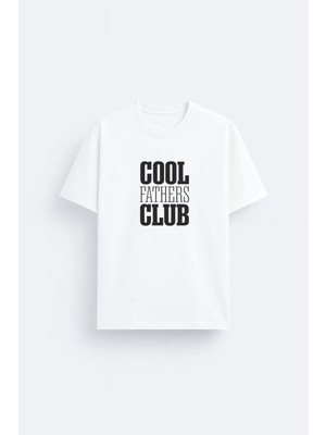 Shain Havalı Babalar Kulubü Cool Father Club Dad Baskılı Bisiklet Yaka Beyaz Tişört T-Shirt