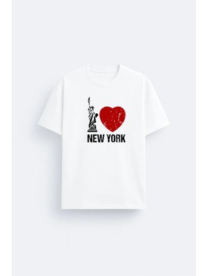 Shain I Love New York Baskılı %100 Pamuklu Kumaş Beyaz Tişört T-Shirt